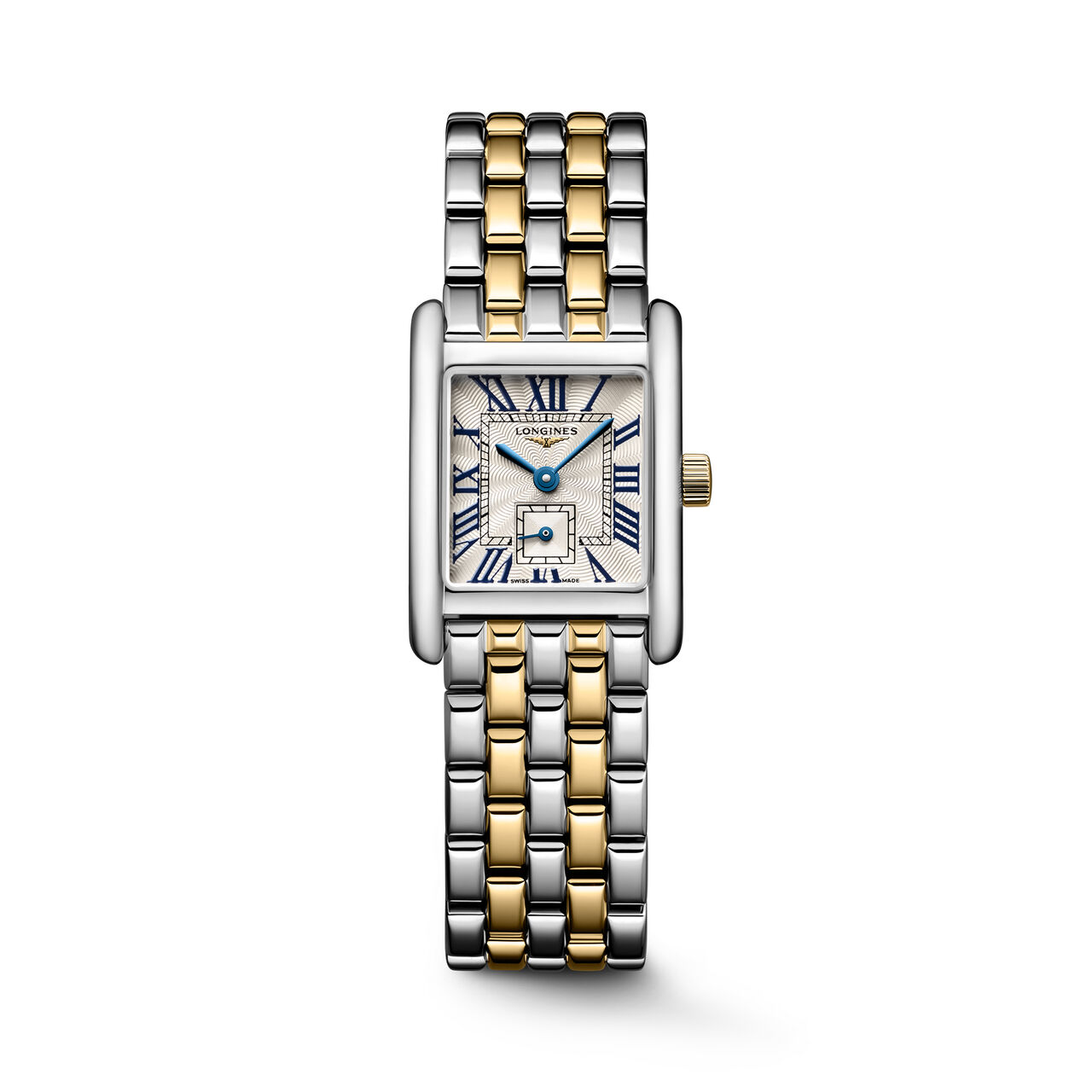 Front view of rectangular stainless steel watch with stainless steel and yellow gold strap image number 0